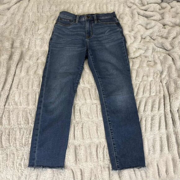 J.Crew Jeans Women 26 Mid Rise Skinny Blue Stretch Denim Raw Hem Distressed - Picture 1 of 9